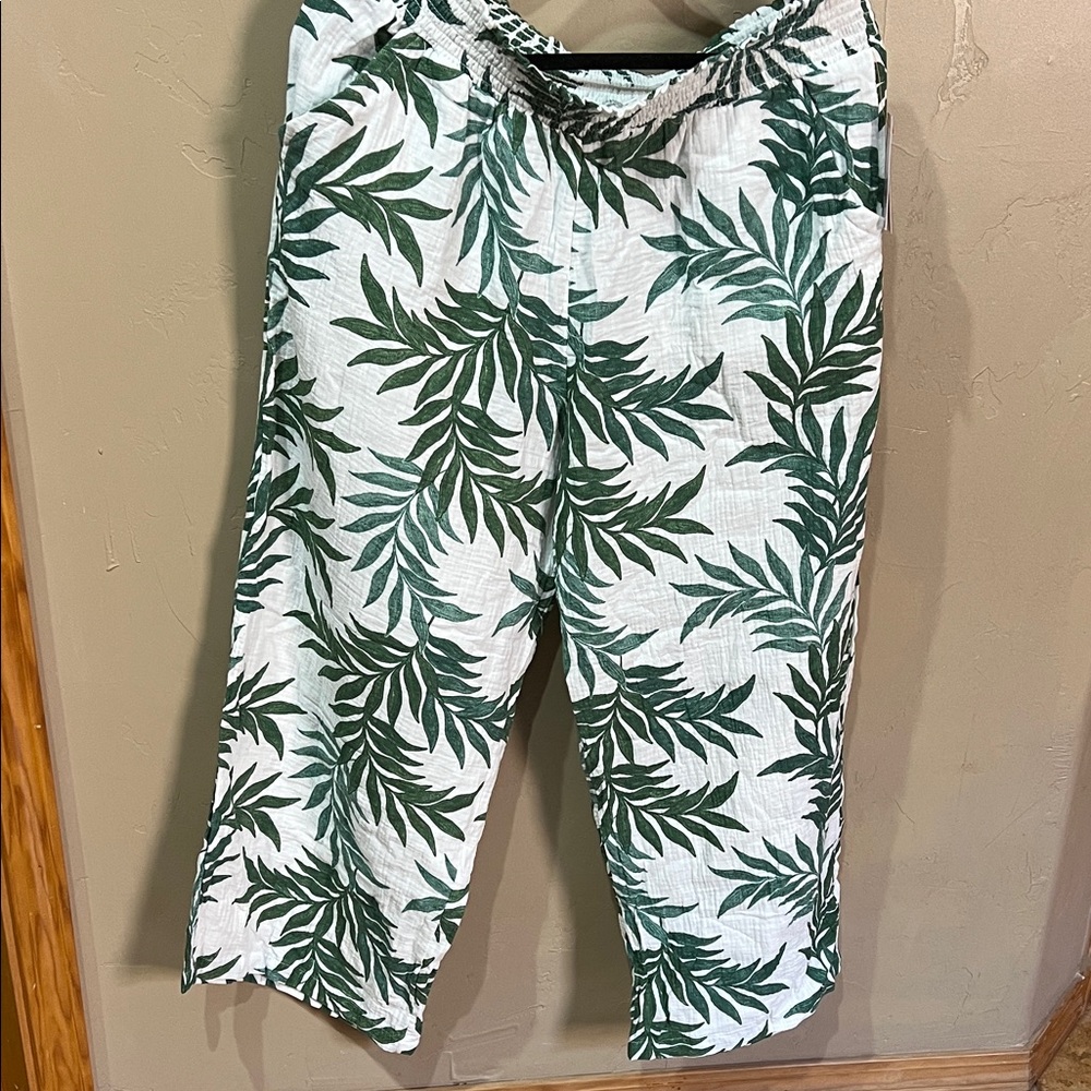 Joyspun gauze pants-white/green leaf-size large-100% cotton, wide leg, ankle-new